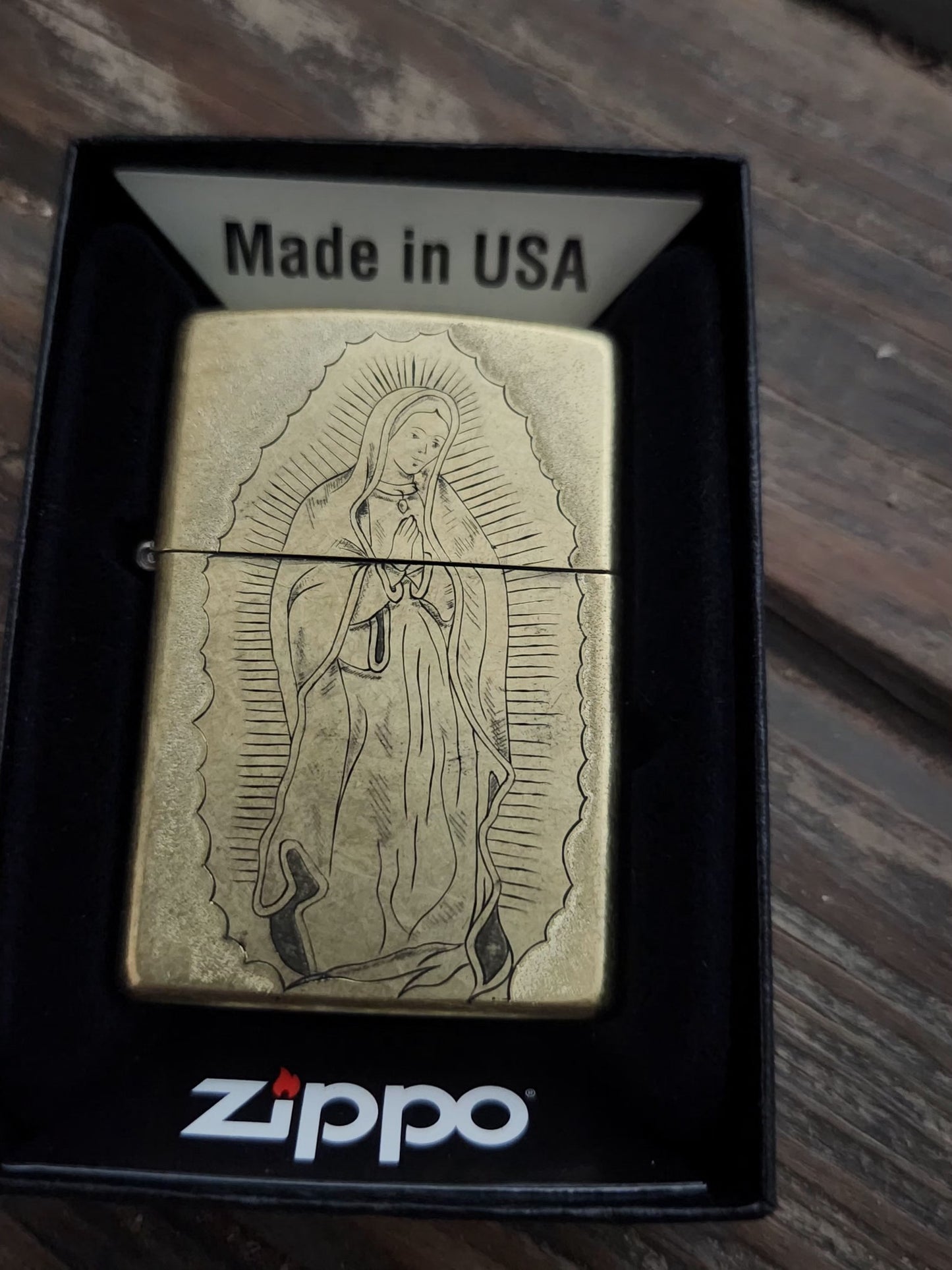 Brass Zippo hand engrvaved with Virgin Mary