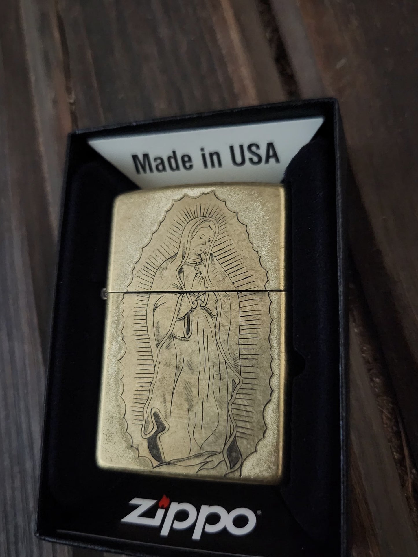 Brass Zippo hand engrvaved with Virgin Mary