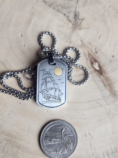 Ship pendant hand engraved with 24k Gold Sun